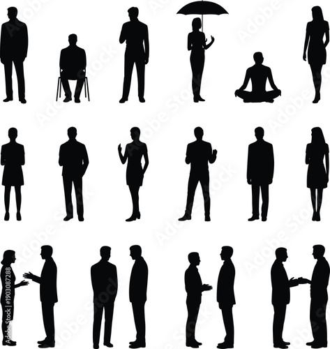 Collection of black silhouettes of men and women in attire and casual poses engaged in conversation and standing on a white background