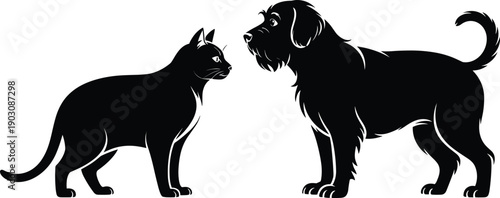 Dog and cat silhouette illustration, pet animal friendship concept, domestic companion symbol, black contour artwork, cute wildlife vector design