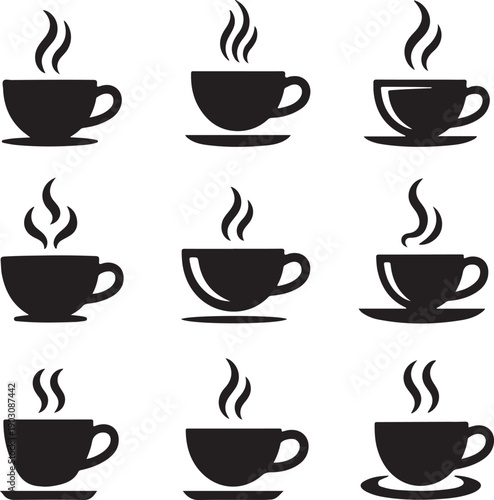 set of steaming hot coffee cups on white background