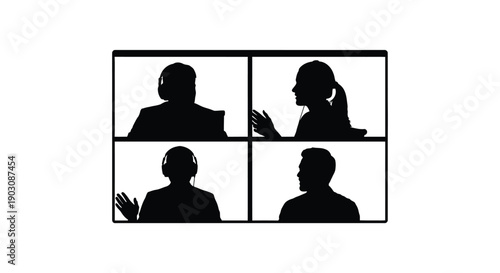 Silhouette of four diverse professionals participating in a four-way video conference call meeting remotely