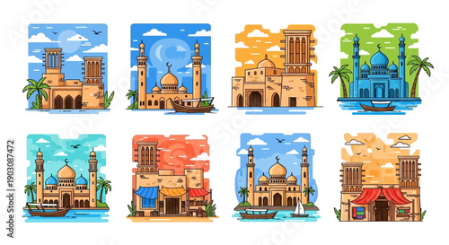 Vibrant illustrations of mosques and buildings in exotic locations