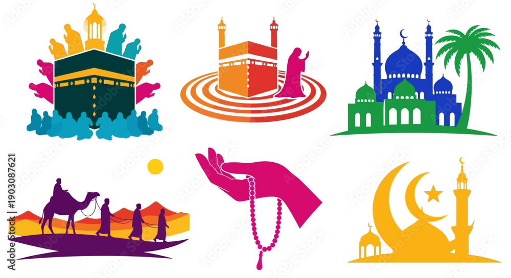 Naklejka premium Vibrant Islamic architecture and symbols in colorful illustrations