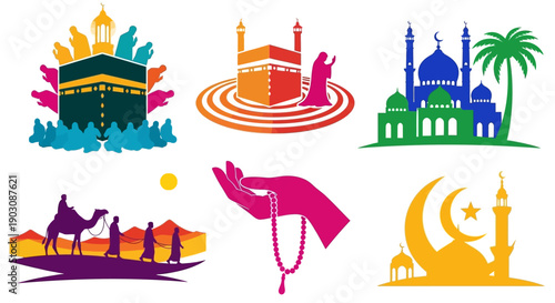 Vibrant Islamic architecture and symbols in colorful illustrations