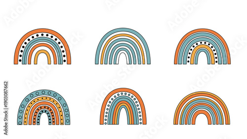 A beautiful collection of six hand-drawn boho style rainbows with various patterns, isolated on a white background for nursery decor.