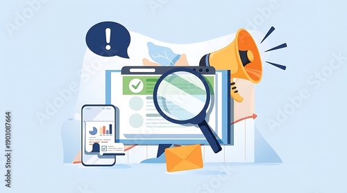 A graphic illustration of a magnifying glass over a computer screen with a speech bubble and megaphone symbolizing search alert and announcement