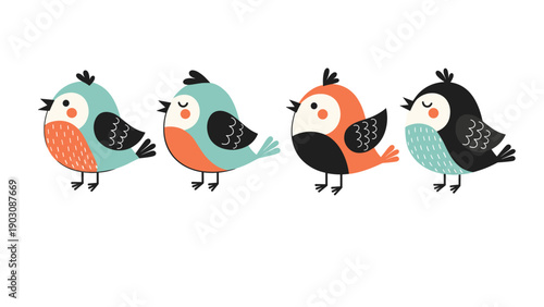 A charming collection of four cute cartoon birds in different colors standing in a row, isolated on a white background vector.