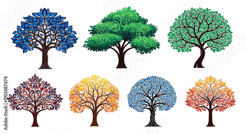 Vibrant colorful tree illustrations for seasonal designs