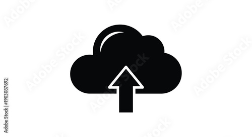Simple black and white icon representing data uploading to the digital cloud storage service