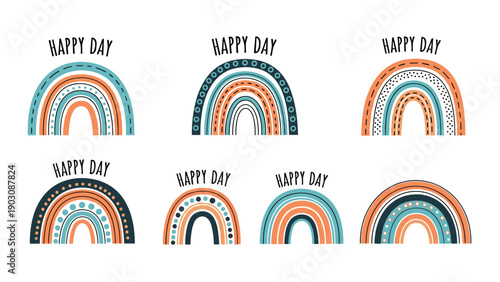 Set of six lovely hand-drawn boho rainbows in muted colors with the positive message 'HAPPY DAY' for nursery prints or cards.