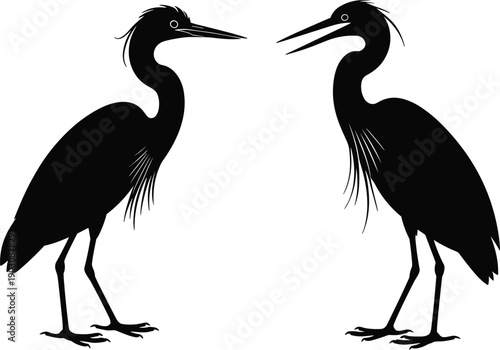 Heron bird silhouette vector, wading crane illustration, wildlife avian icon, black nature bird set, elegant waterfowl isolated graphic elements