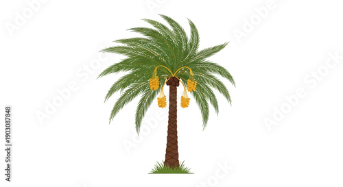 Vibrant palm tree with lush green leaves and ripe yellow dates