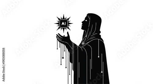 Mysterious figure in dark robes reaching towards a glowing AI chip, symbolizing the future of technology.