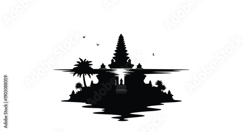 Tranquil silhouette of a temple complex reflected on water at sunrise with palm trees and birds