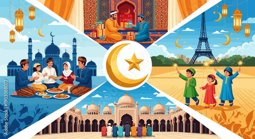 Vibrant Eid celebration scenes with mosque, lanterns, and traditional food