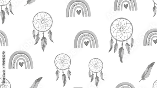A monochrome seamless pattern with gray watercolor dreamcatchers, boho rainbows with hearts, and feathers on a white background.