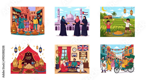 Vibrant Eid celebrations around the world with diverse cultural scenes