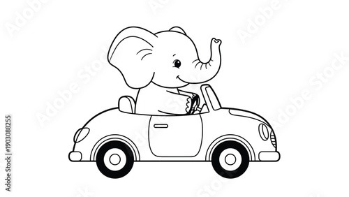 A charming coloring page for children featuring a cute baby elephant happily driving a small convertible car on a fun journey.