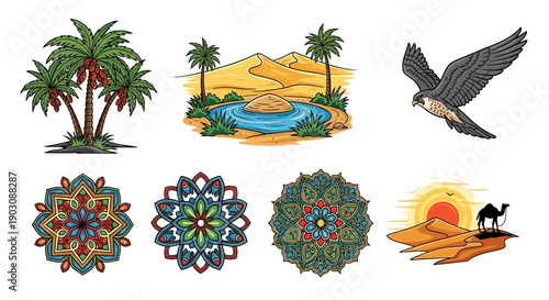 Vibrant desert oasis and wildlife illustrations with mandalas