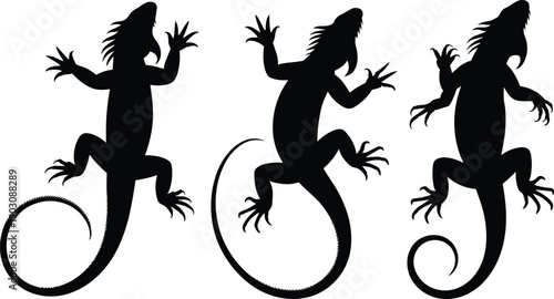 Lizard silhouette illustration set, reptile animal design, black contour gecko wildlife symbol, tropical fauna icon, nature decorative tattoo style