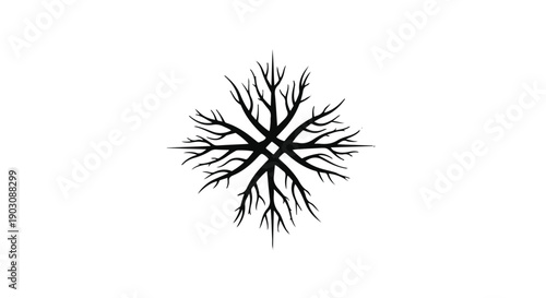 Intricate black tree branch pattern resembling a snowflake on a white background.