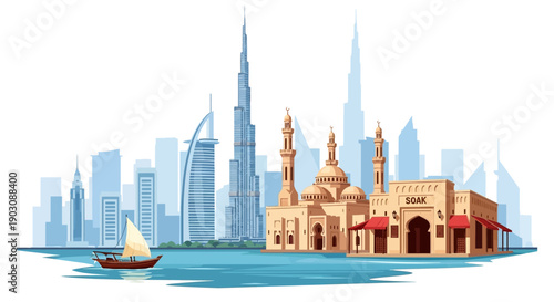 Traditional Middle Eastern architecture meets modern Dubai cityscape