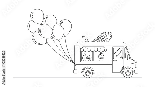 A fun and simple coloring page of an ice cream truck with a large cone on top and festive party balloons tied to the back.