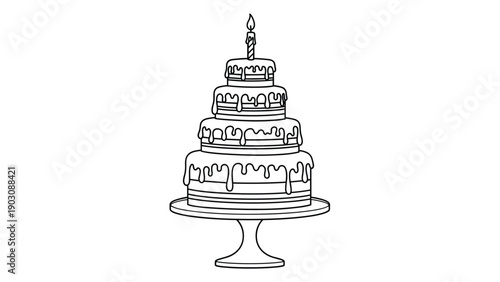 A classic line art coloring page of a tall, multi-tiered birthday or wedding cake with dripping icing and one single candle.