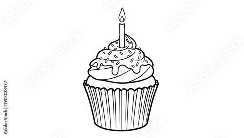 A festive coloring page of a delicious cupcake with swirled frosting, colorful sprinkles, and a single lit birthday candle on top.