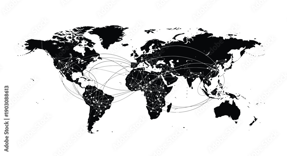 Obraz premium Black and white world map graphic illustrating global connectivity through a vast network of interconnected digital lines