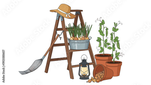A colorful hand-drawn illustration of a gardening still life with a step ladder, potted plants, a rake, and a vintage lantern.