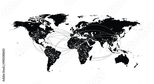 Black and white world map graphic illustrating global connectivity through a vast network of interconnected digital lines