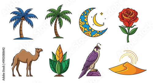 Vibrant desert icons including palm trees, camel, and crescent moon