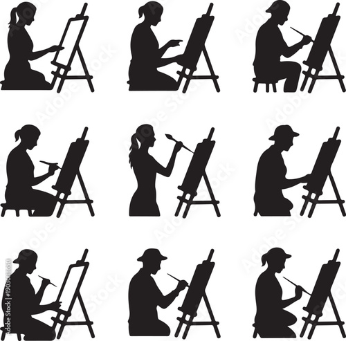 silhouette of people painting on an easel