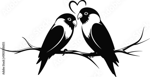 Romantic lovebirds parrot couple silhouette perched branch with heart symbol wildlife romance vector illustration decorative black bird graphic
