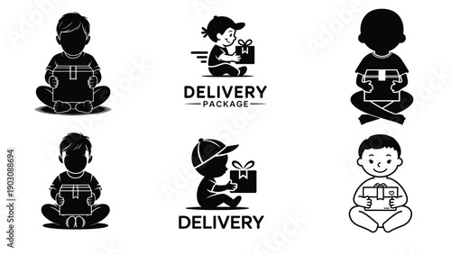 Black silhouettes of children with delivery packages and smiling faces