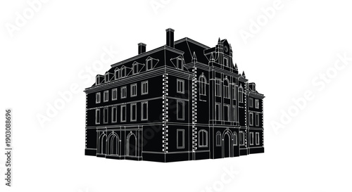 Black and white line art illustration of a historical European municipal building facade design