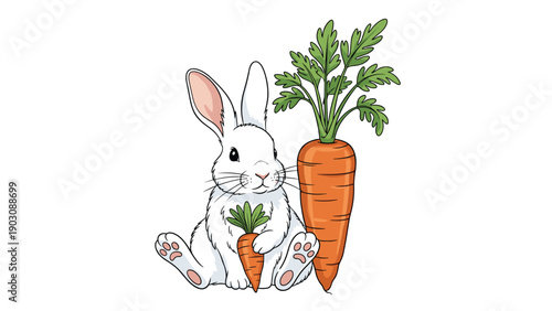 A cute white fluffy rabbit sitting with a very large carrot and holding a smaller one, illustrated on a white background.