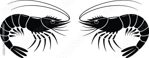 Shrimp silhouette pair illustration, black seafood crustacean vector, mirrored prawn graphic, marine animal design isolated on white background artwork