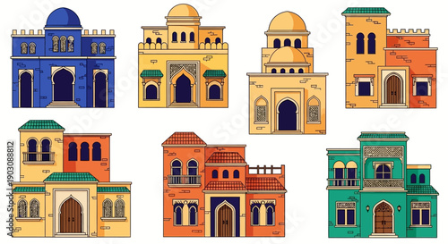Vibrant collection of colorful Middle Eastern buildings with domes and arches