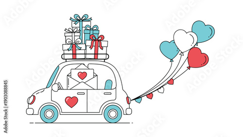 A cute illustration of a retro car delivering love, with gifts on the roof and a trail of heart-shaped balloons behind it.