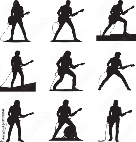 Silhouette of people playing electric guitar in various poses