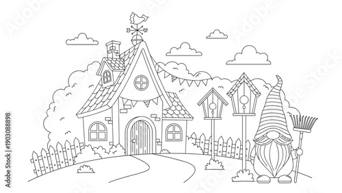 A magical coloring page for kids with a cute garden gnome standing outside his charming fairy tale house with two birdhouses.
