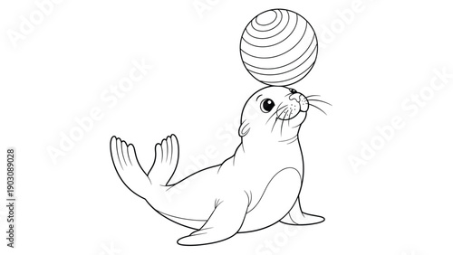 A playful coloring page for children showing a cute circus sea lion balancing a striped ball on its nose, isolated on white.