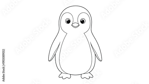 A very simple and cute coloring page of a baby penguin standing and looking forward, designed for toddlers and young children.