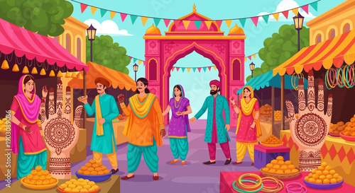 Vibrant Indian street festival with people shopping and celebrating