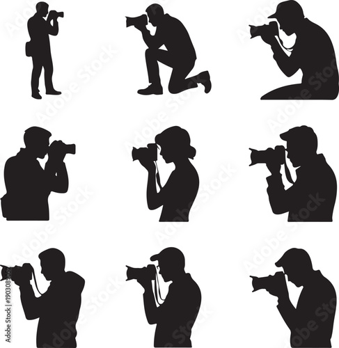 Silhouette of people taking photos with cameras in different positions