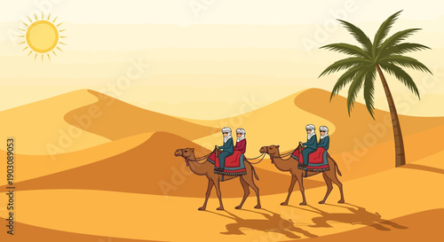 People riding camels through desert landscape with palm tree