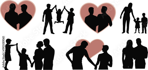 Family and love silhouettes set showing parents children couples with heart shapes isolated on white background for relationship design use