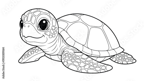 An adorable coloring page of a cute baby sea turtle with large, friendly eyes and detailed patterns on its shell and flippers.