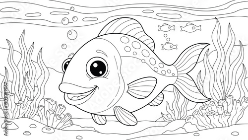 A happy underwater scene coloring page with a cute, smiling fish swimming among seaweed and corals on the ocean floor.